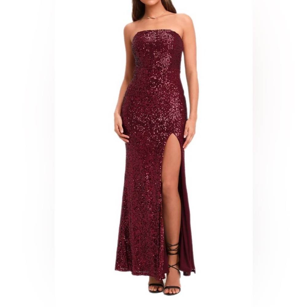 LuLus Lavish Lover Strapless Sequin Dress with Side Slit - Wine color